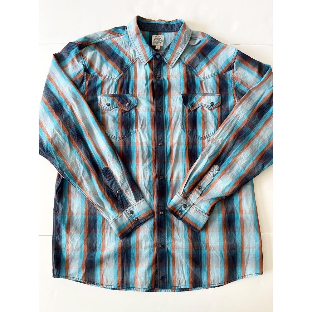 Moon Shine Spirit Shirt Men 2XL Blue Orange Plaid Western Long Sleeve Pearl Snap